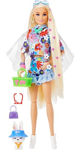 Barbie HDJ45 - Extra Puppe 12 mit floralem Outfit und Zubehör, Extra langes Blondes Haar mit Herzsymbolen und flexiblen Gelenken, Spielzeug Geschenk für Kinder ab 3 Jahren, Nicht Zutreffend, One Size im Sale
